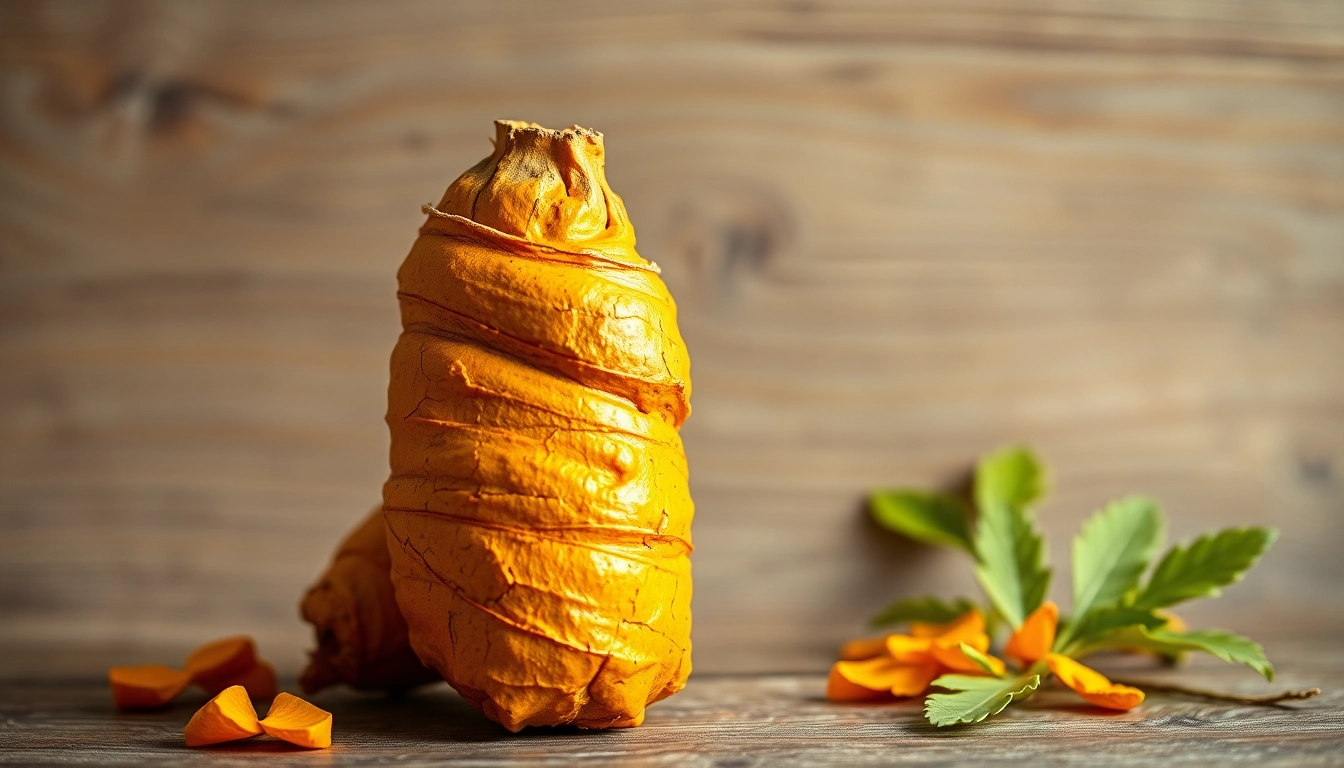 Turmeric Root displayed prominently with vibrant colors and textured details on a wooden surface.