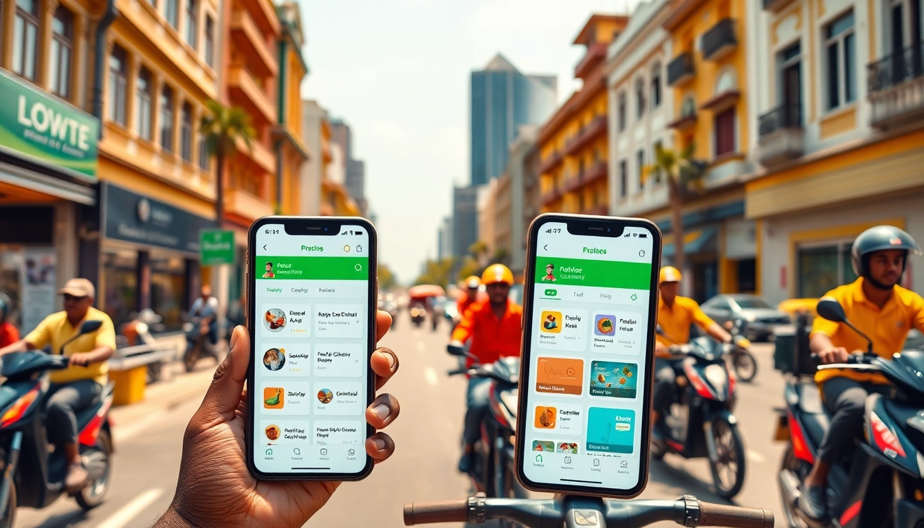 Showcase delivery apps in Lagos with active couriers and vibrant city life.
