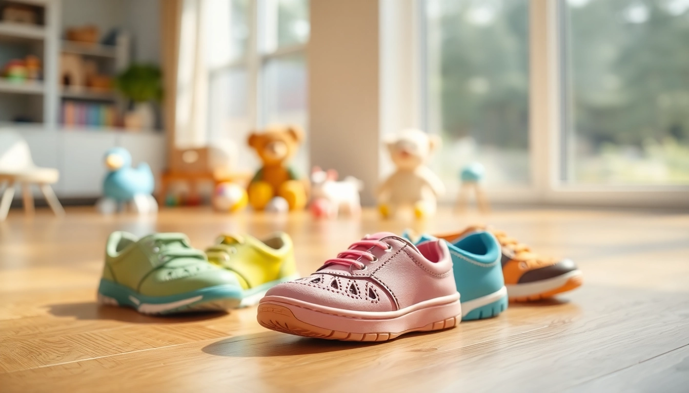 Orthopädische Kinderschuhe auf einem Holzfußboden mit bunten Designs und unterstützenden Eigenschaften präsentieren