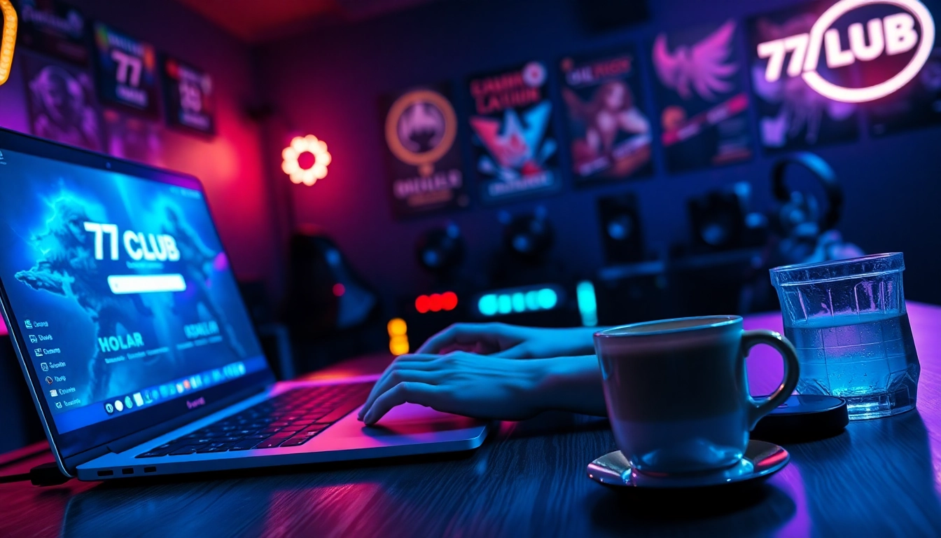 Engage with the 77 club login interface on a sleek laptop in a vibrant gaming environment.