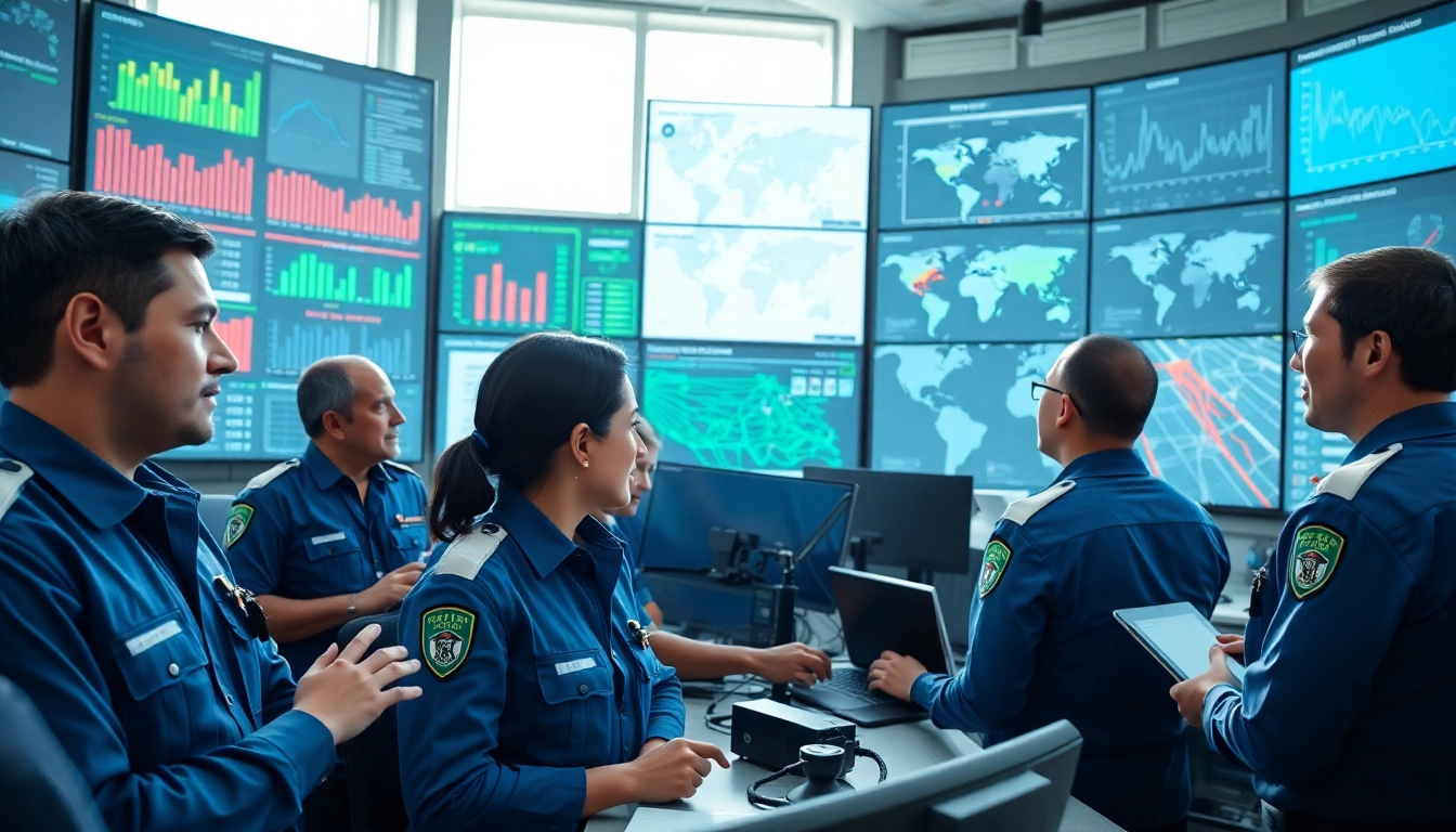 Monitor real-time safety alerts in a modern emergency response control room atmosphere, showcasing teamwork.