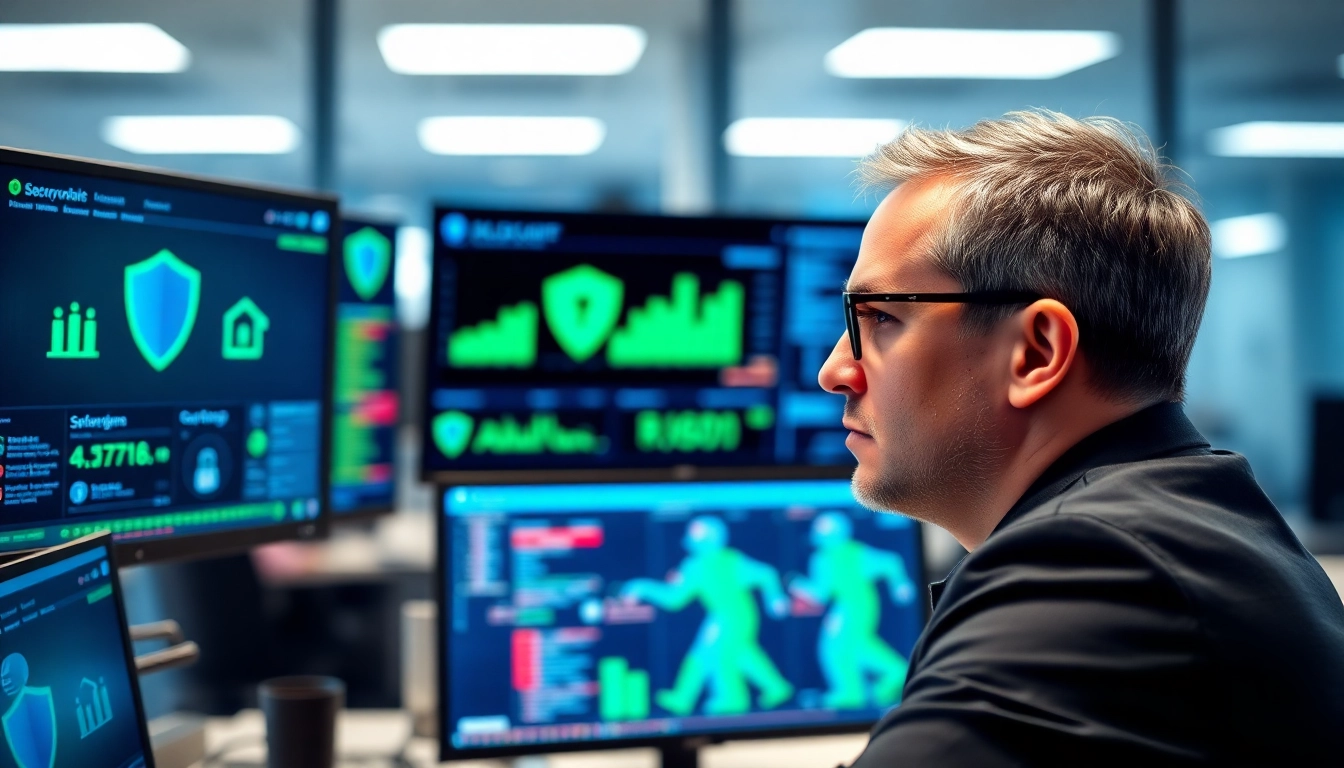 Cyber security services expert monitoring threats in a modern office environment.
