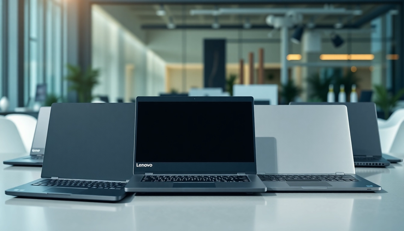 Explora la variedad de laptops Lenovo destacadas en un entorno moderno de oficina.