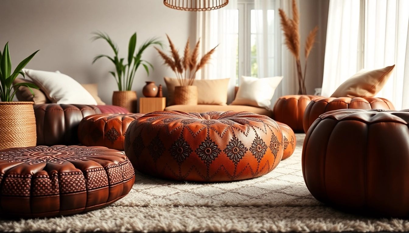 Elegant Moroccan Leather Poufs and Ottomans enrich a stylish living room setting.