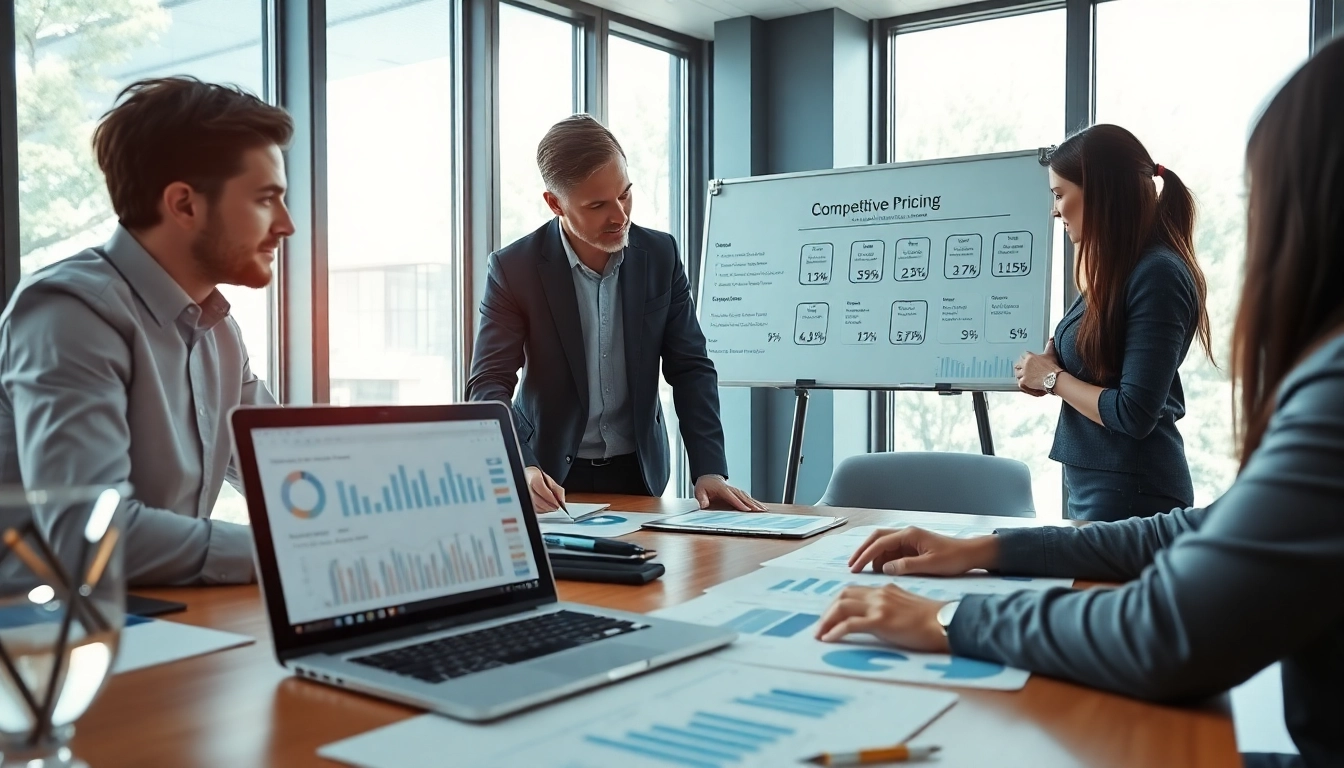 Analyze competitor pricing analysis with a team reviewing data and insights.