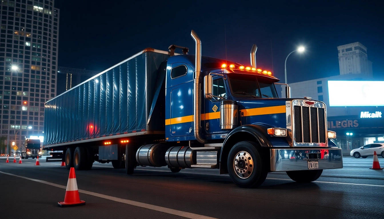 24 hour big rig towing service lifting a large tractor-trailer at night.