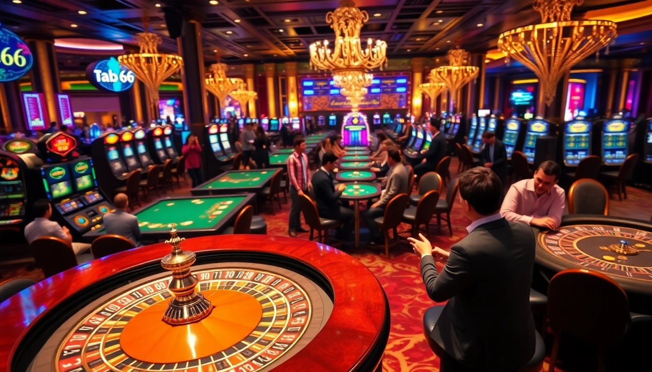 Experience the thrill of tab66 casino with players enjoying a roulette table surrounded by vibrant gaming activities.