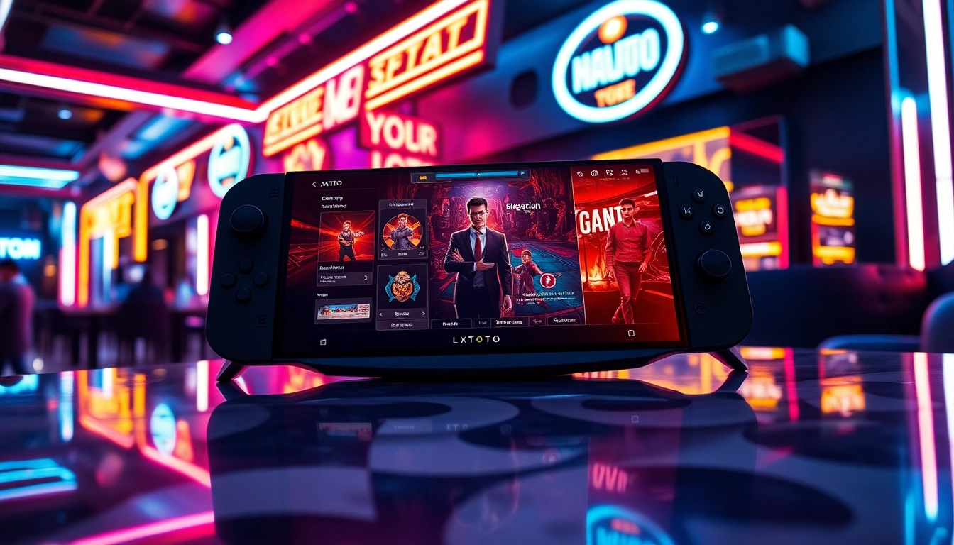 Menampilkan LXTOTO dengan tampilannya yang modern dan lengkap dalam suasana gaming yang dinamis.