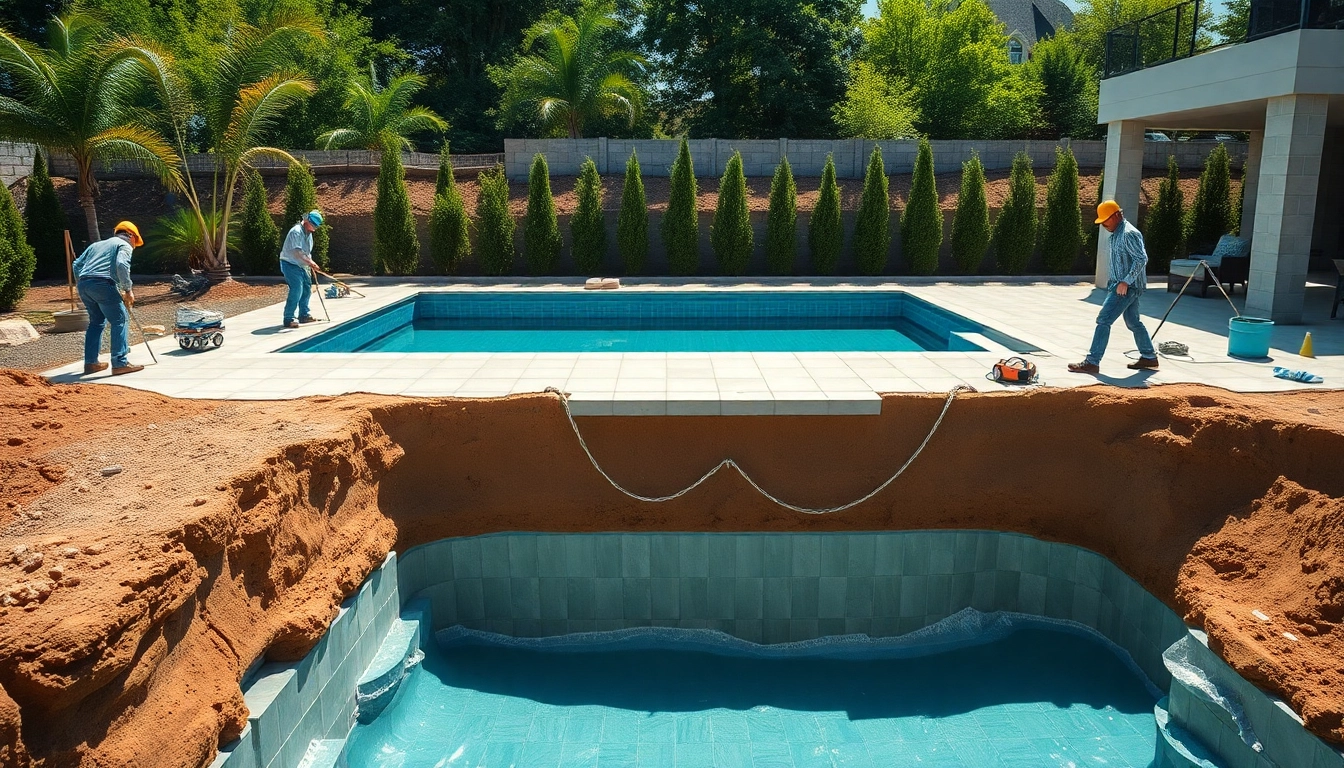 Showcasing pool construction activities, including workers and tools at an inground pool site.