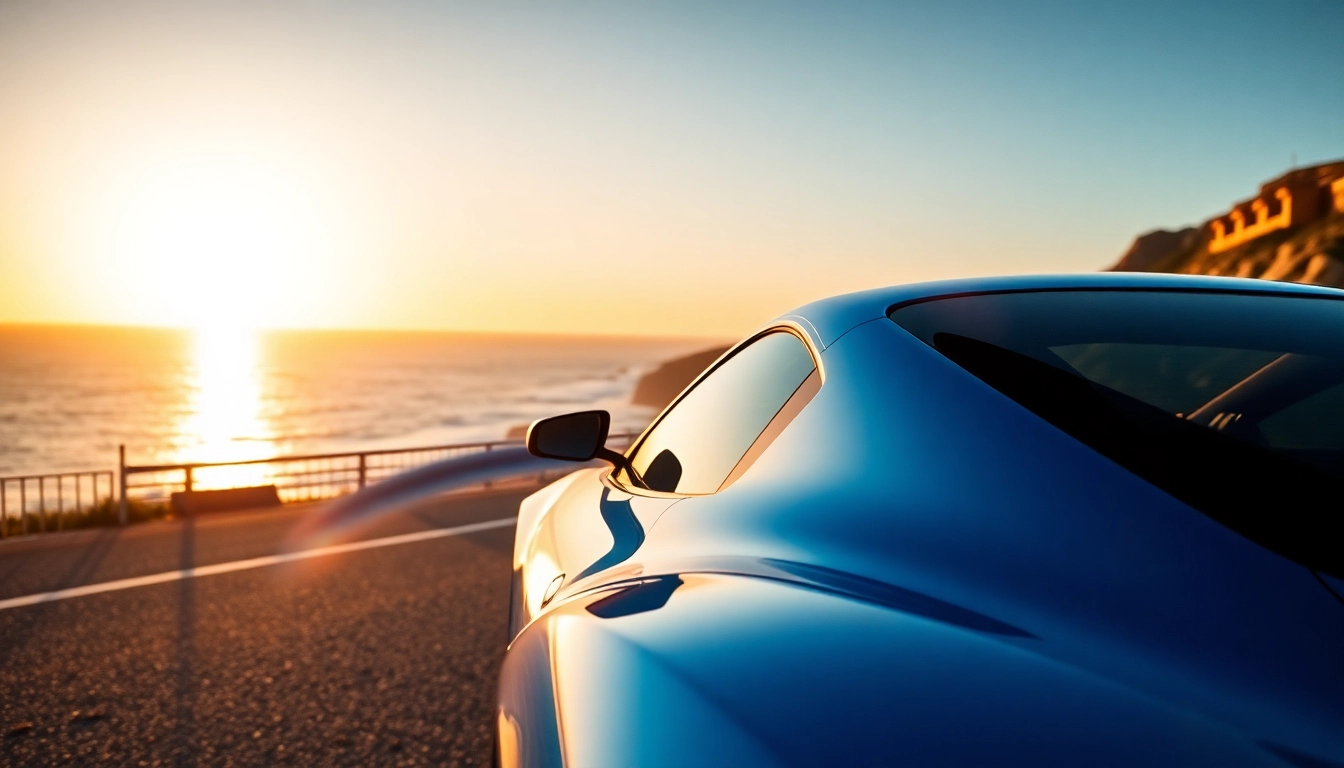 Admire the perfect car parked by the ocean at sunset, showcasing its stunning design.
