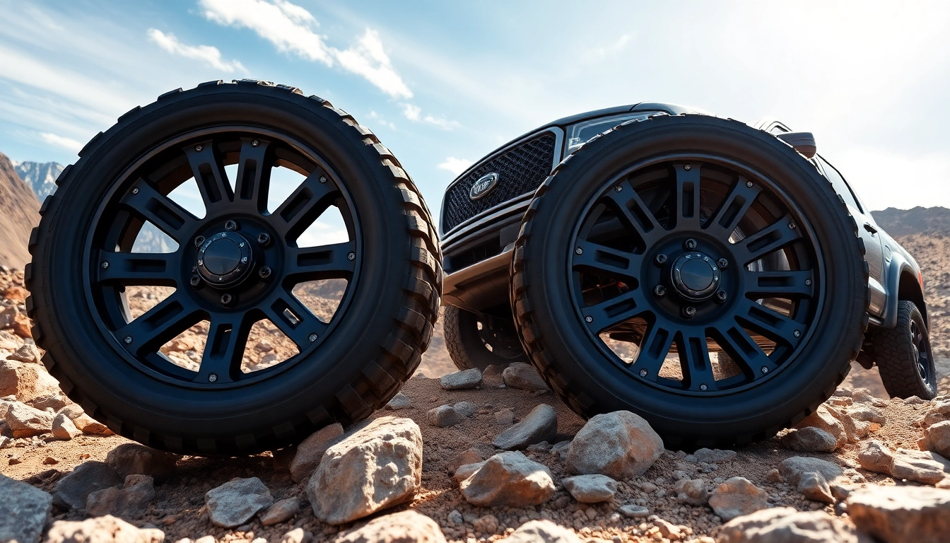 Showcasing dynamic off road wheels on a rugged terrain with a truck.
