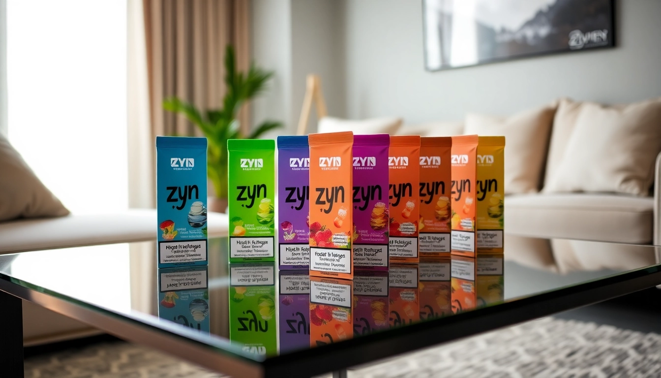 Showcase of Zyn nicotine pouches in vibrant packaging, displayed elegantly for a lifestyle appeal.
