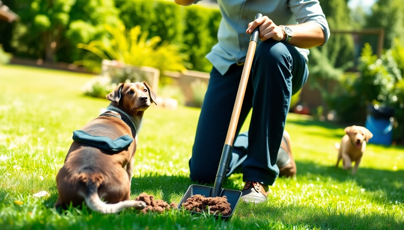 Efficiently clean up dog poop using a pooper scooper in a vibrant backyard environment.