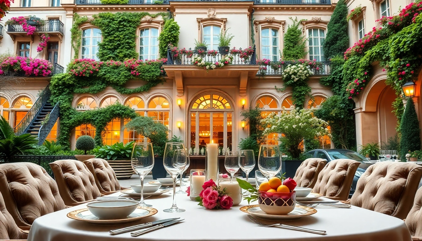 View of elegant dining setup at European Pesach hotels, featuring Seder plates and wine glasses.