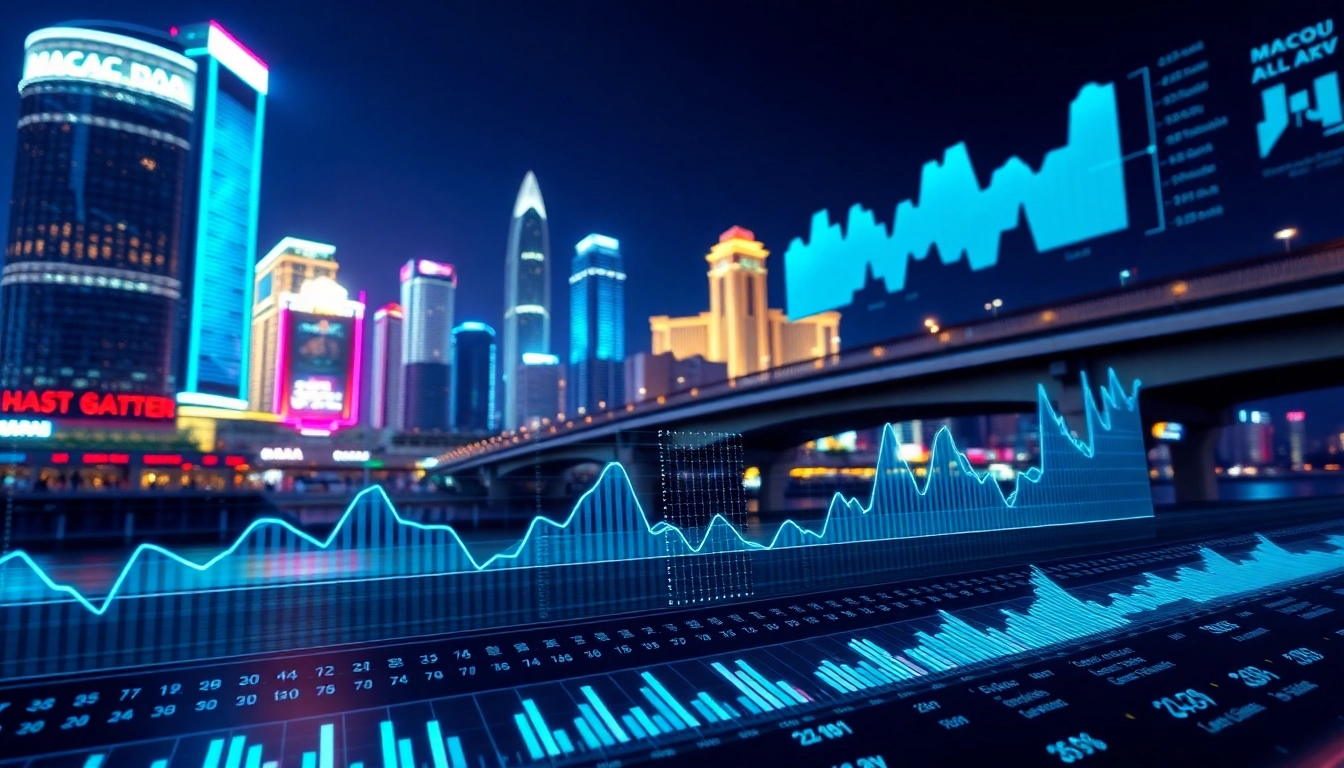 Menganalisis data macau dengan grafik dinamis dan latar belakang kota yang cerah.