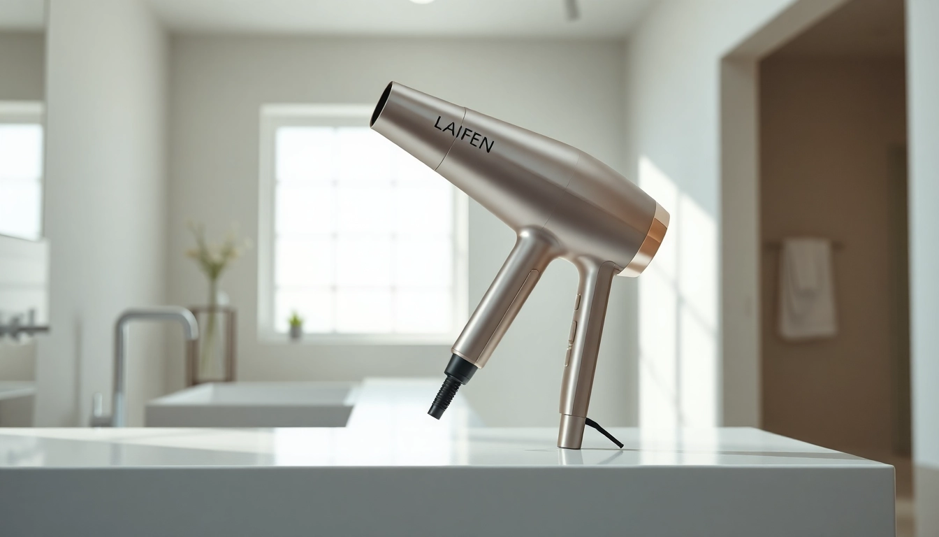 Experience the stylish Laifen hair dryer showcased in a modern bathroom setting with elegant details.