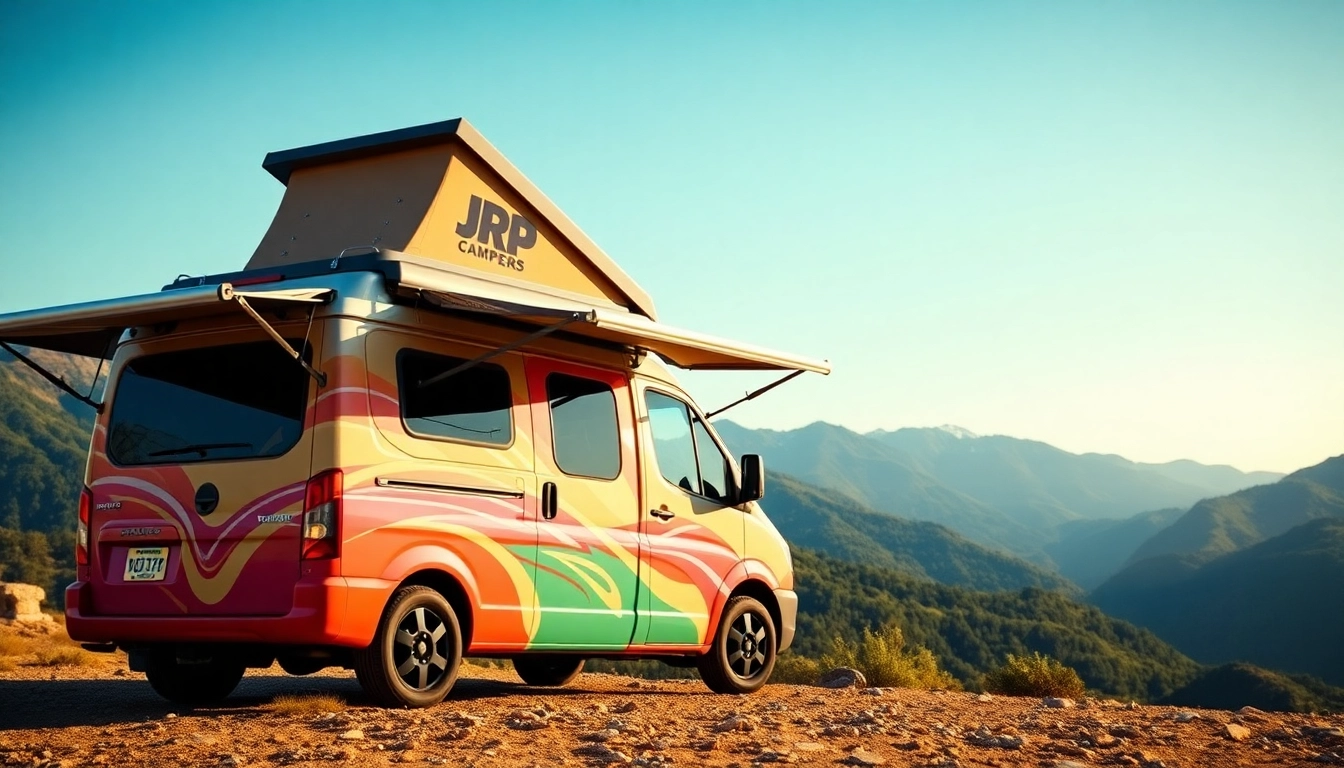 Customize your journey with JRP Campers parked at a scenic mountain backdrop, showcasing adventure.