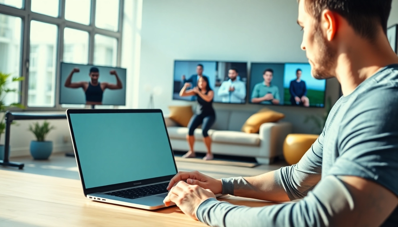 Engaged participants in an Online gym Training session with a motivating trainer demonstrating exercises.
