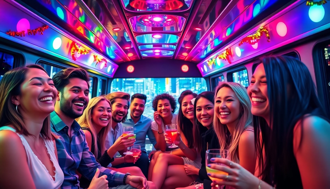 Enjoy a lively group inside a party bus to rent, celebrating with drinks and laughter.