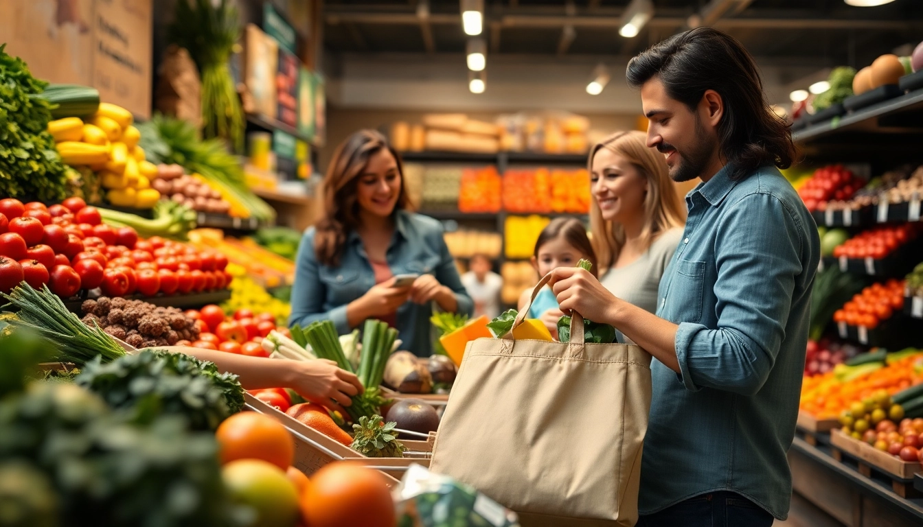 Showcase Thrive Market pricing with a family enjoying organic groceries in a vibrant market setting.