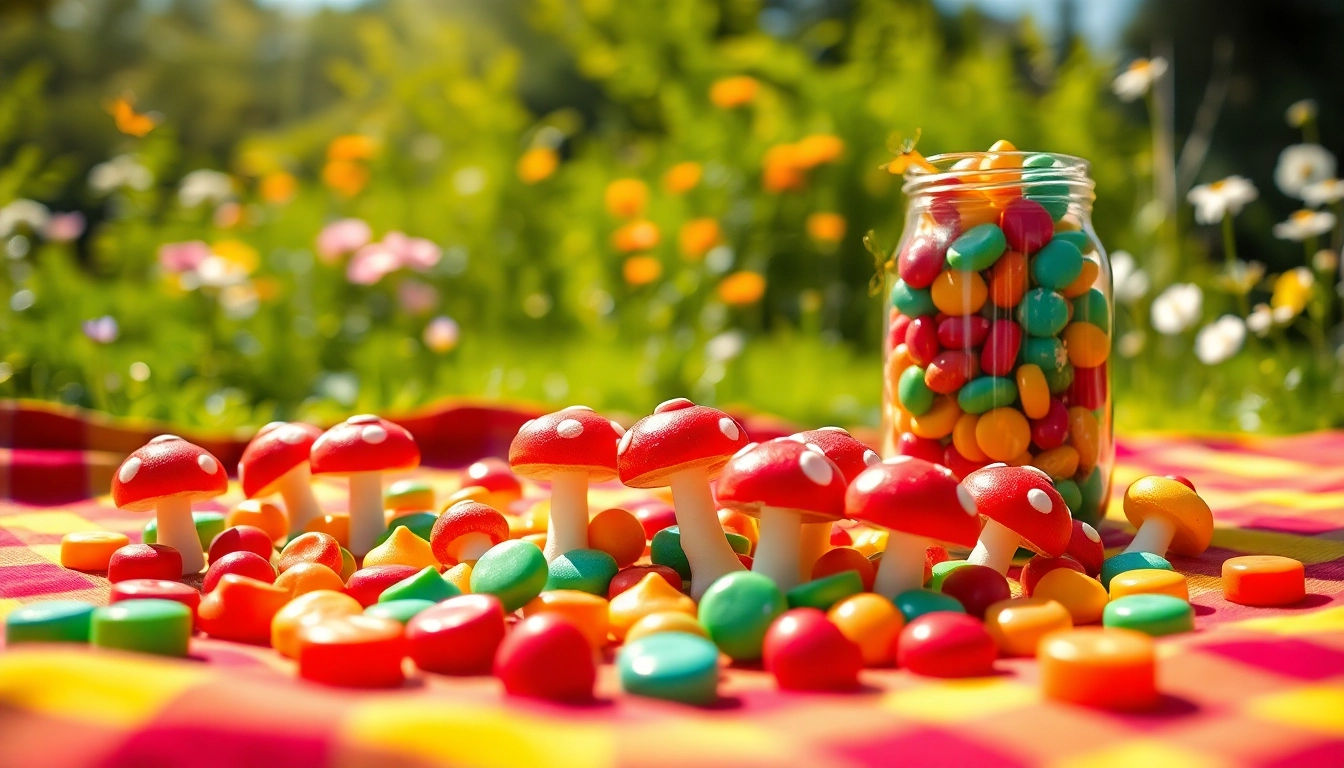 Delicious magic mushroom candy pieces artfully arranged on a picnic blanket.