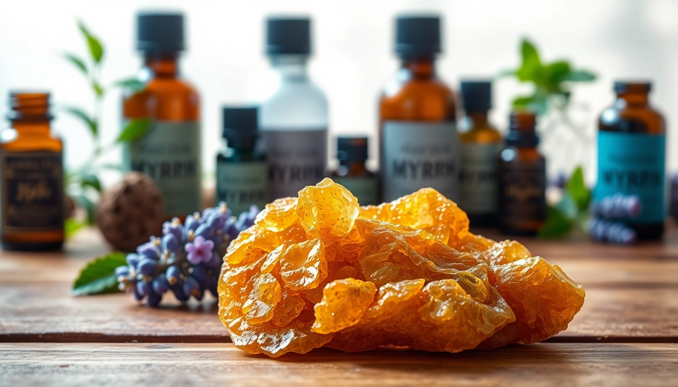 Myrrh resin showcased with essential oils and herbs, highlighting its natural texture and rich color.