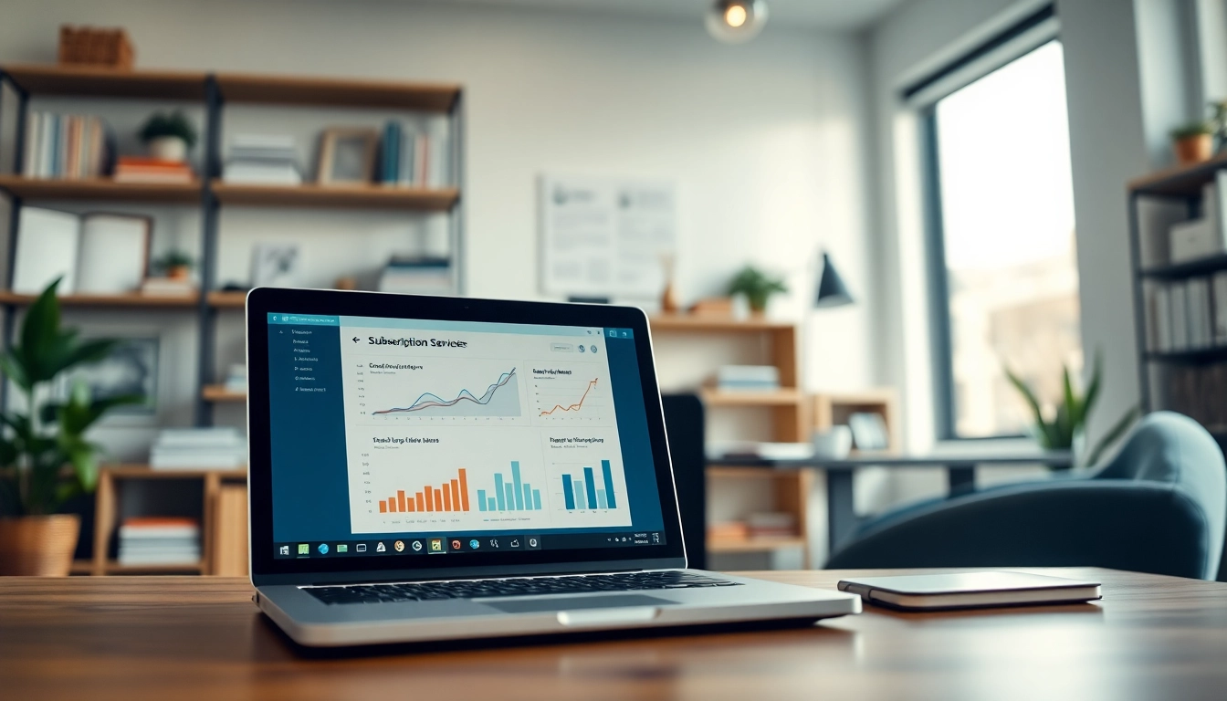 Small Business Subscription concept illustrated with a business owner planning subscription models in a bright office.