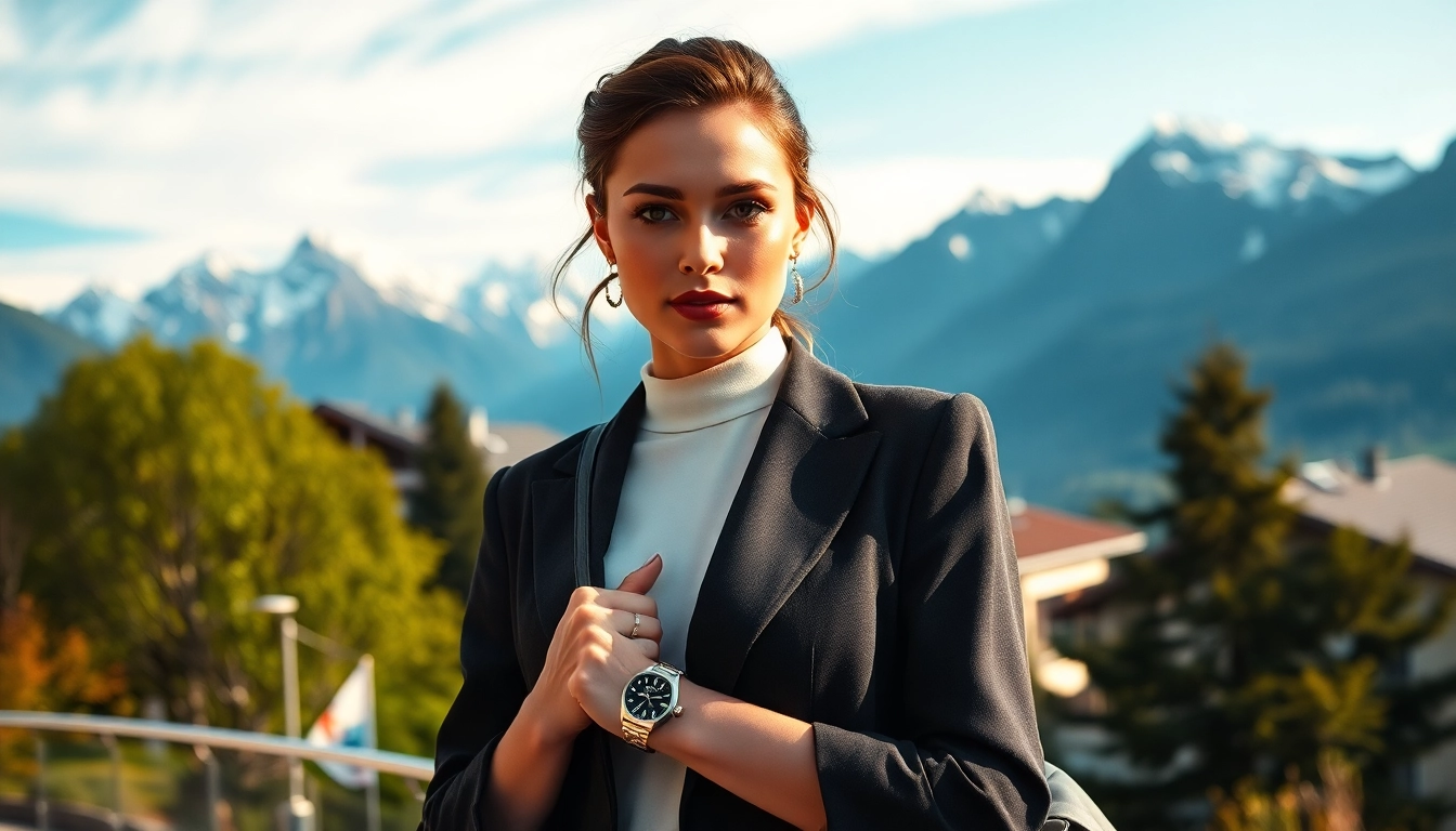 Model Schweiz posiert elegant in einer urbanen Schweizer Umgebung mit atemberaubender Aussicht.