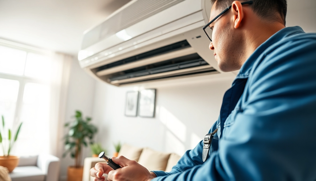 Technician providing Los Angeles HVAC services, repairing an air conditioning unit in a bright home.