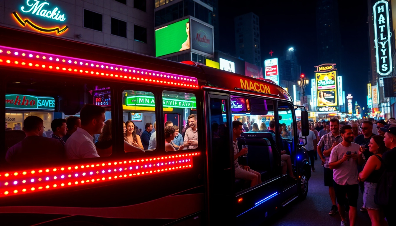 Crowd enjoying a vibrant macon party bus filled with lights and music on a lively city street.