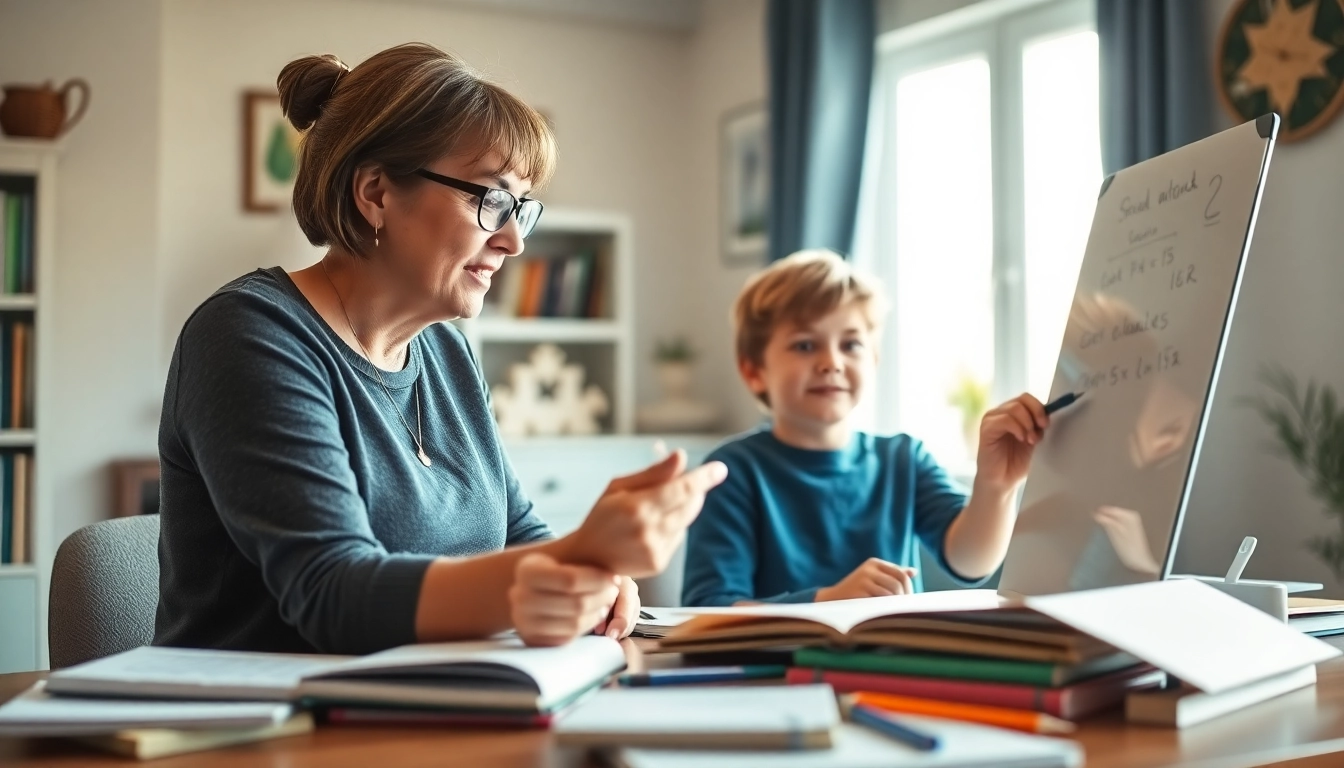 11 plus tutor assisting a child with study materials in a cozy, well-lit environment