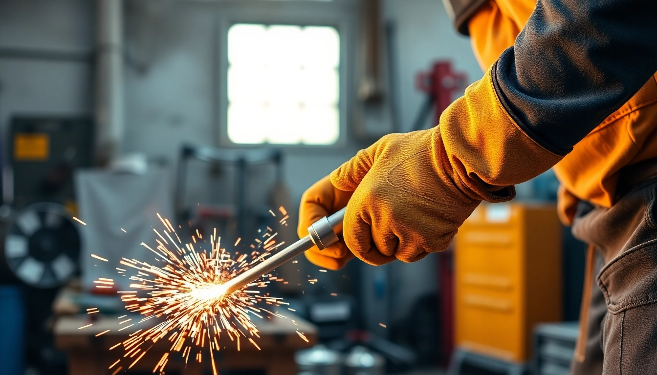 Welder using durable welding gloves while welding in a professional workshop environment.