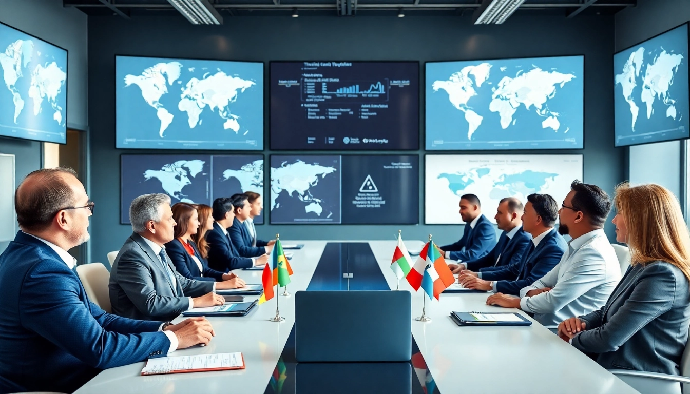 Business leaders engaged in discussions about trade agreements in a modern conference setting.