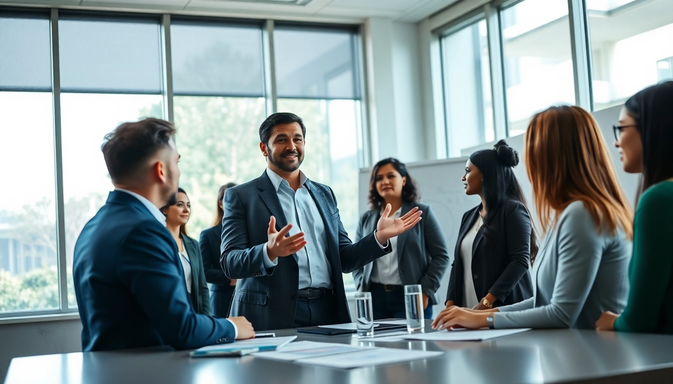 Engaging business coaching service session with a professional coach guiding entrepreneurs in a modern setting.