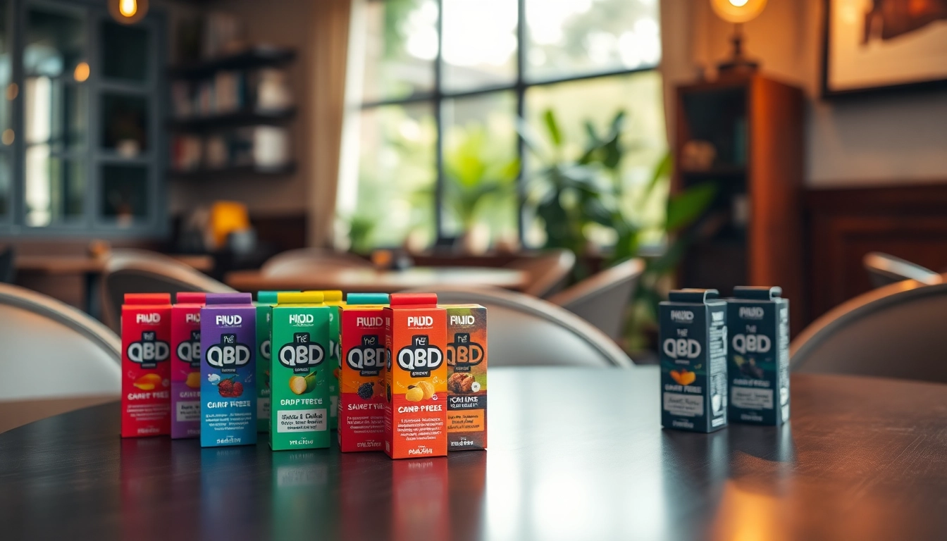 Hqd pods in a stylish vape setup with colorful packaging in a cozy cafe atmosphere.