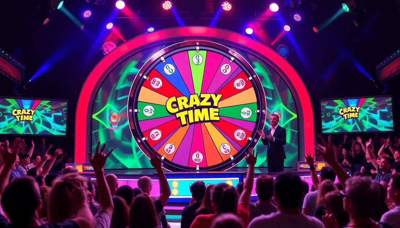 Watch Crazy Time unfold with an enthusiastic crowd as the colorful wheel spins in a live casino atmosphere.