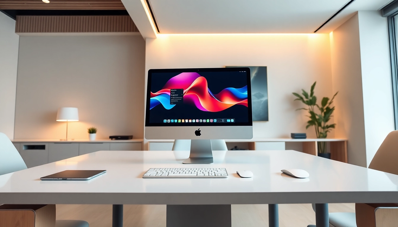 Buy Mac Studio Ultra in a sleek office setting with ambient lighting and modern design.