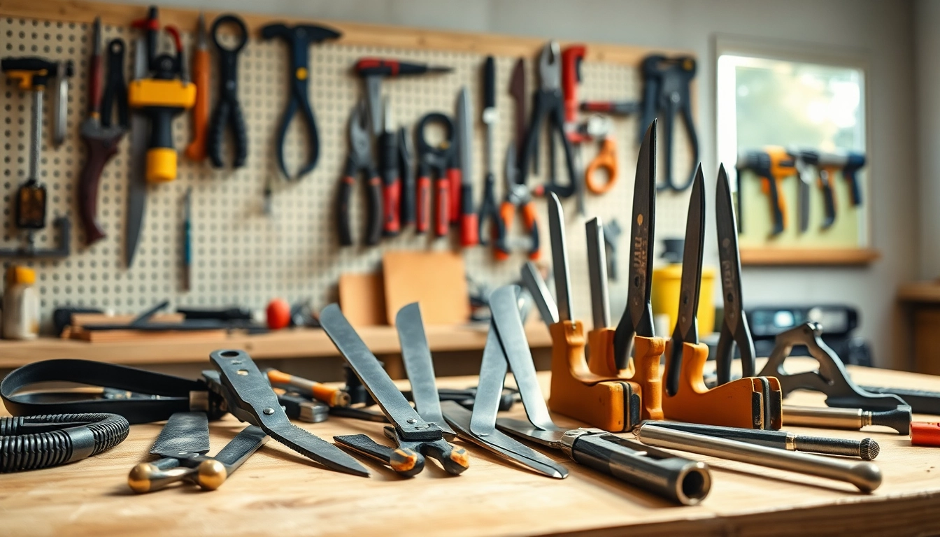 Showcase of high-quality cutting equipment including scissors, shears, and knives on a workshop bench.