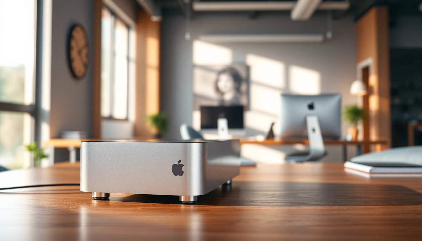 Buy Mac Studio Ultra with its sleek design prominently showcased in a modern office.