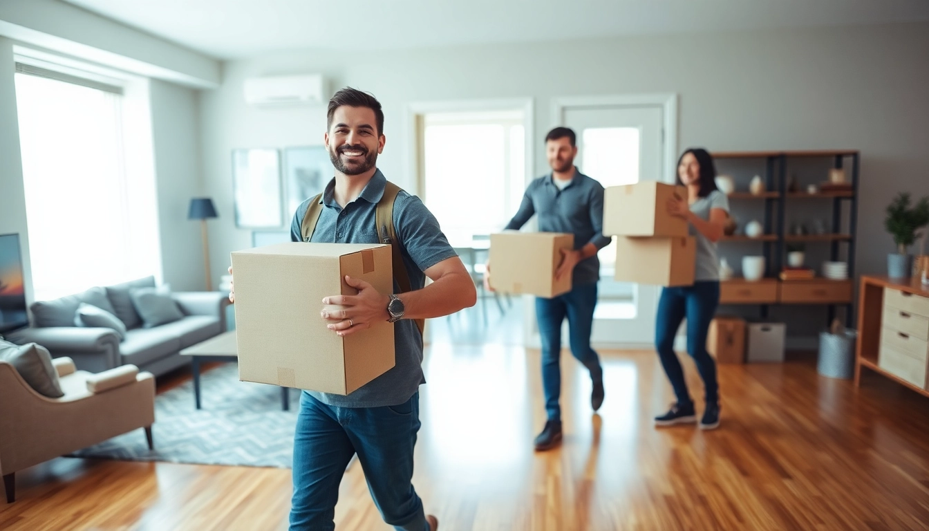 Queens movers efficiently packing boxes in a bright, modern apartment setting.