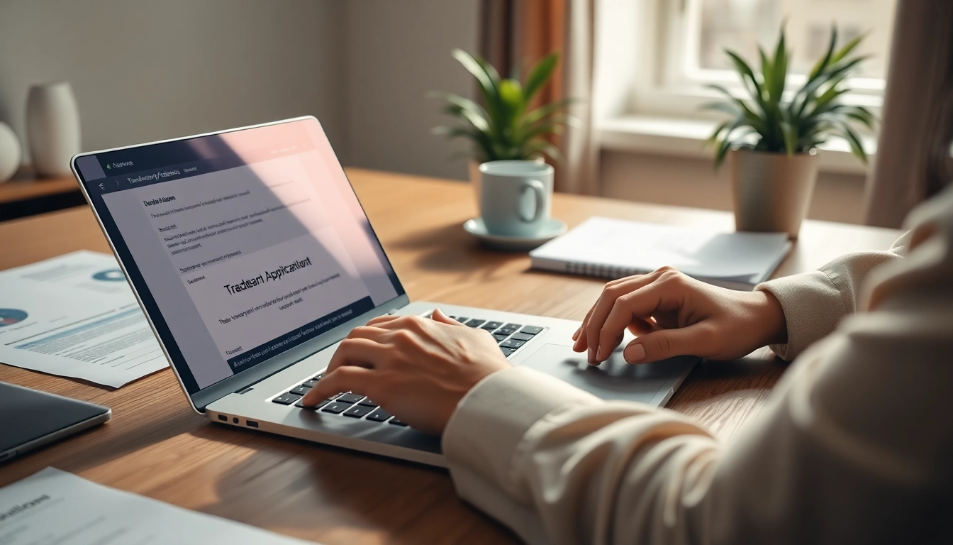 Complete a trademark application with precision in a professional workspace setting.