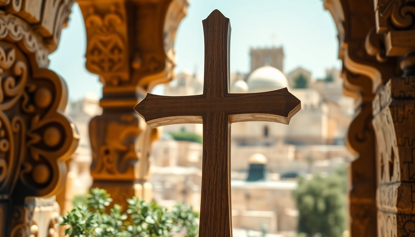 An artisan-crafted Jerusalem crosses against a blurred backdrop of the historic Jerusalem skyline.