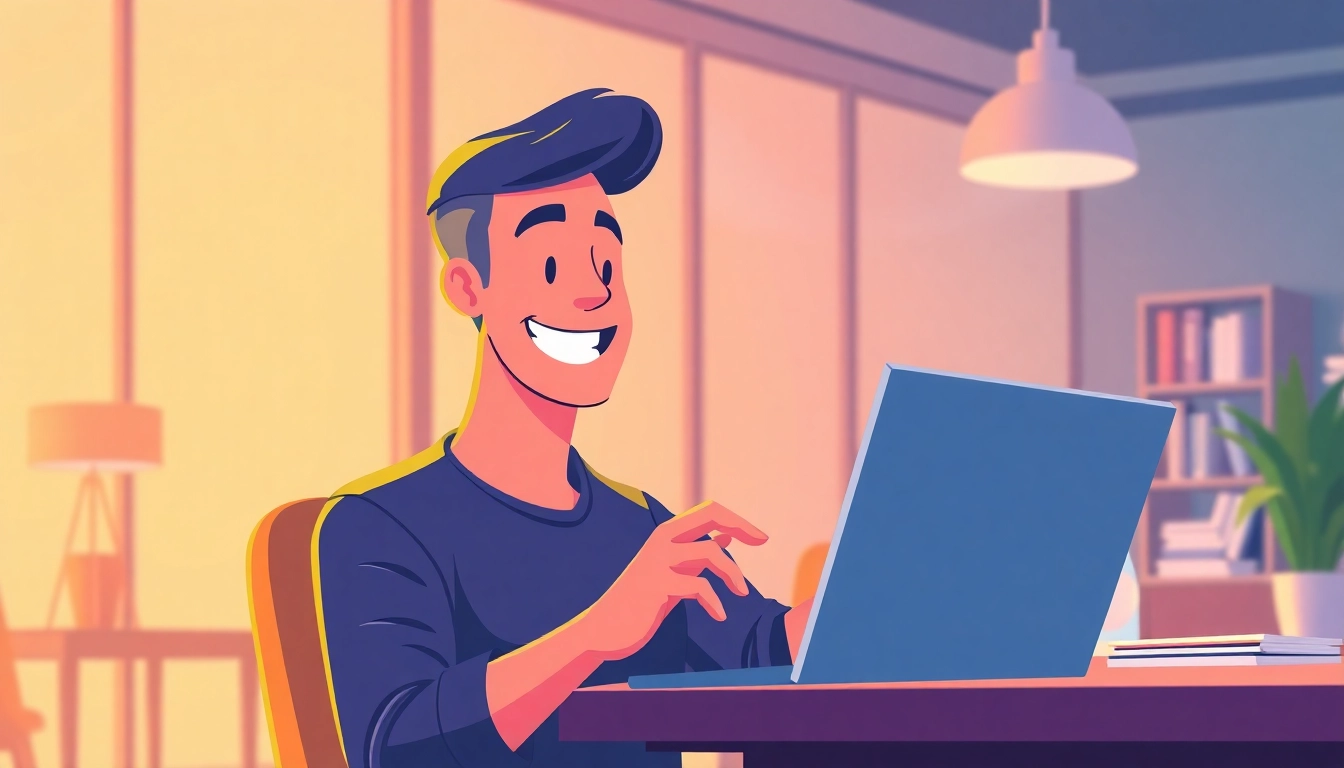 Happy user downloading wps下载 software on a laptop in a cozy office.