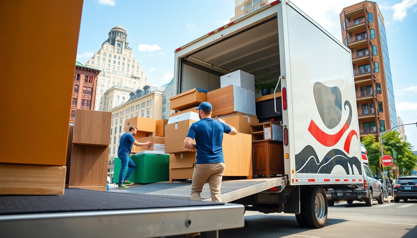 Experienced Queens movers loading belongings into a truck on a sunny day.