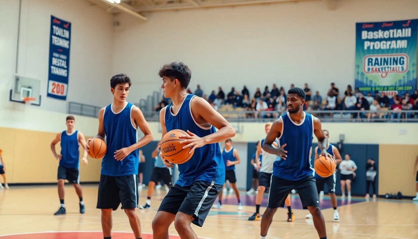 Players executing basketball training programs with enthusiasm during practice session.