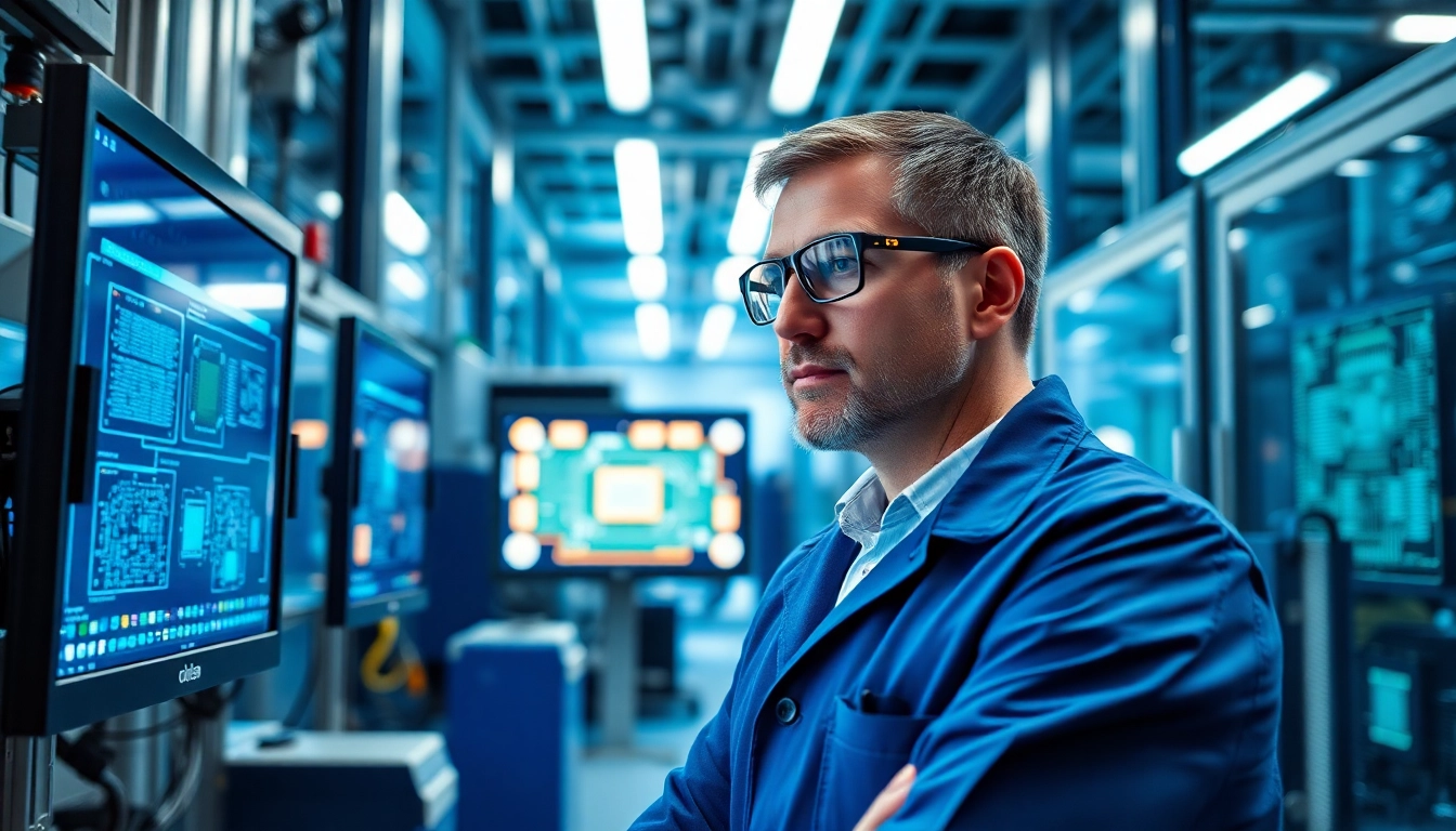 American engineer analyzing microchip designs in a high-tech factory