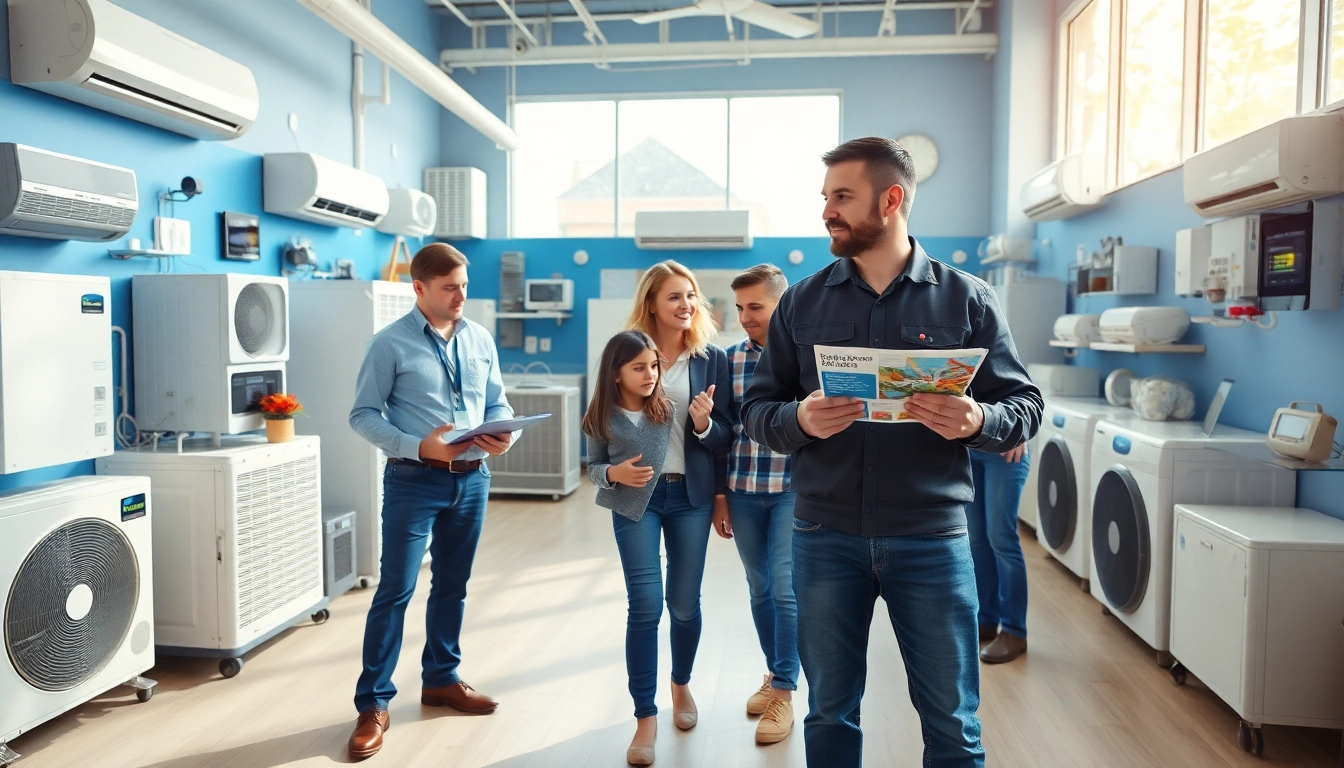 HVAC dealers assisting customers in a bright and modern air conditioning showroom.