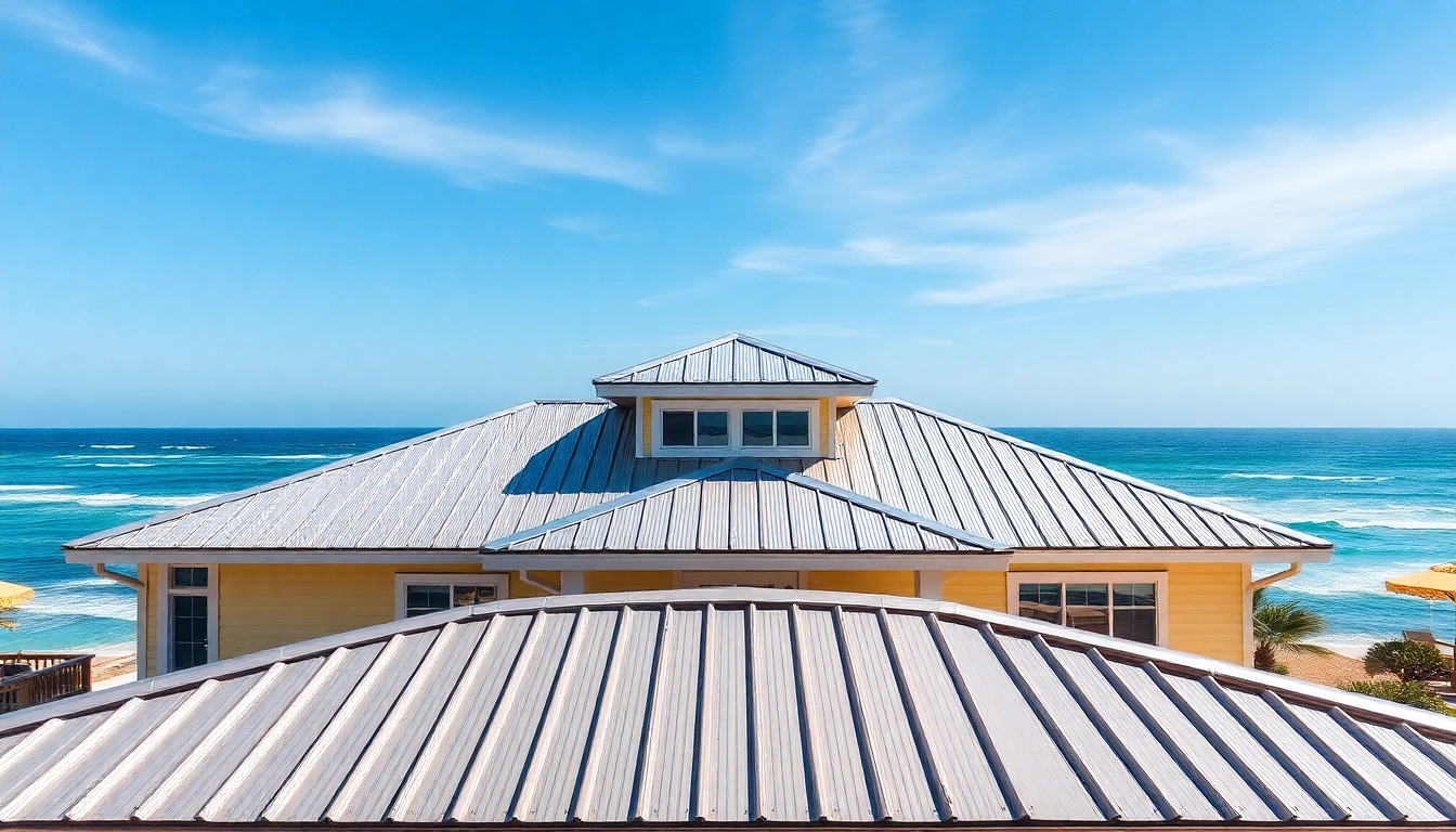 Showcasing coastal metal roofing on a beach house, emphasizing durability and aesthetic quality.