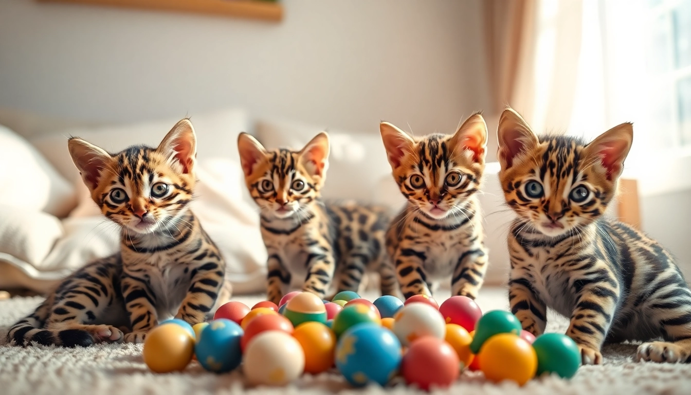 Adorable Bengal Kittens for Sale playing happily, showcasing their unique coats in a cozy indoor setting.