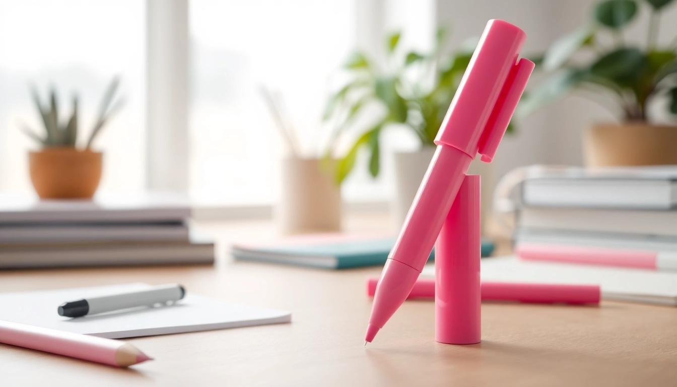 Highlighting text with a vibrant pink highlighter pen in a modern office environment.